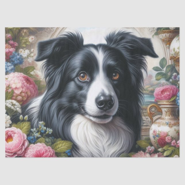 Papier Mousseline Bordure Collie avec Fleurs Papier Tissu (Recto)