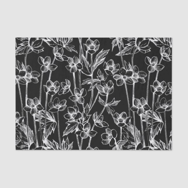 Papier Mousseline Botanique florale noire et blanche (Recto)