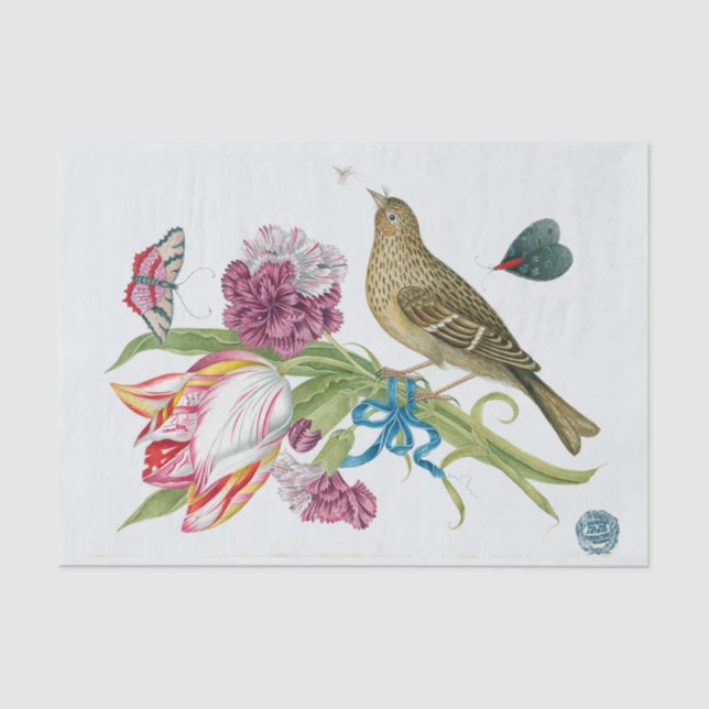Papier Mousseline Bouquet antique de tulipe avec l'oiseau (Recto)
