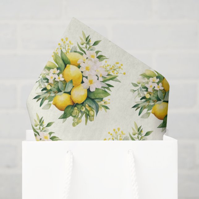 Papier Mousseline Bouquet de citrons au motif de fleurs blanches (Sac cadeau)