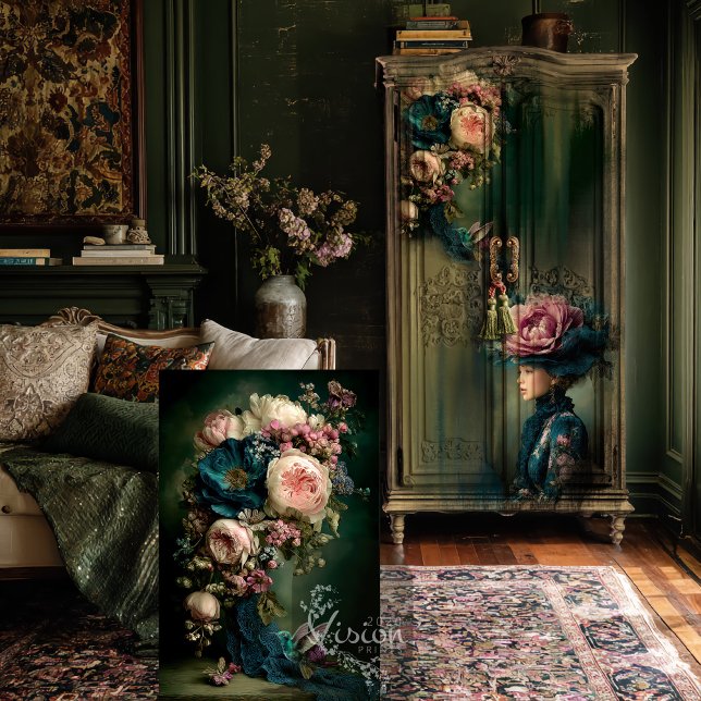 Papier Mousseline Bouquet de colibris et d'Imaginaires floraux (Hummingbird & Bouquet Floral, Emerald Green and Pink Decoupage Tissue Paper)