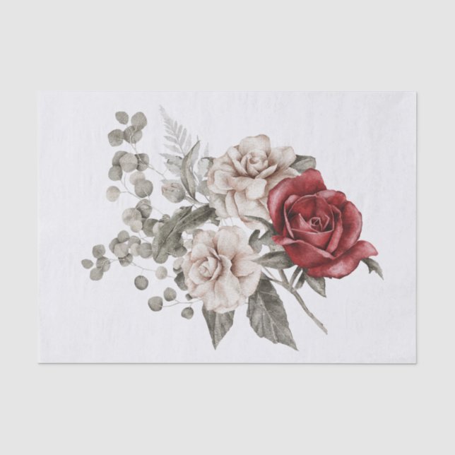 Papier Mousseline Bouquet de fleurs rouge gris et crème Boho (Recto)
