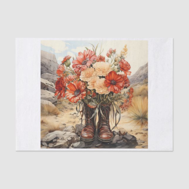 Papier Mousseline Bouquet floral Boho Western Boots pour découpage (Recto)