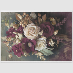 Papier Mousseline Bouquet floral, marron rouge, vert et or