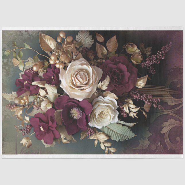 Papier Mousseline Bouquet floral, marron rouge, vert et or (Recto)