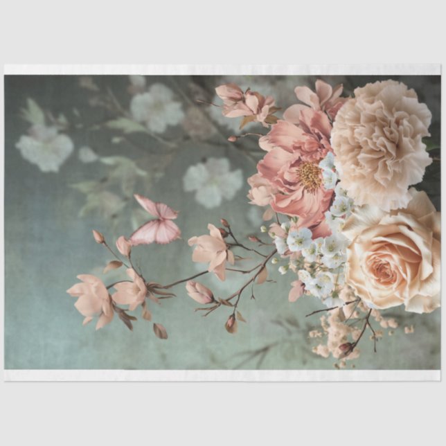 Papier Mousseline Bouquet papillon & floral, rose, vert & beige (Recto)