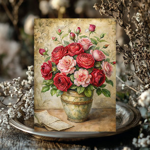 Papier Mousseline Bouquet vintage de roses rouges shabby dans vase r