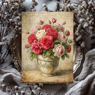 Papier Mousseline Bouquet vintage de roses rouges shabby dans vase r