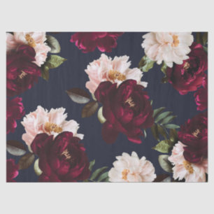 Papier Mousseline Bourgogne Rouge Navy Foncé Floral Pivoines Maussad