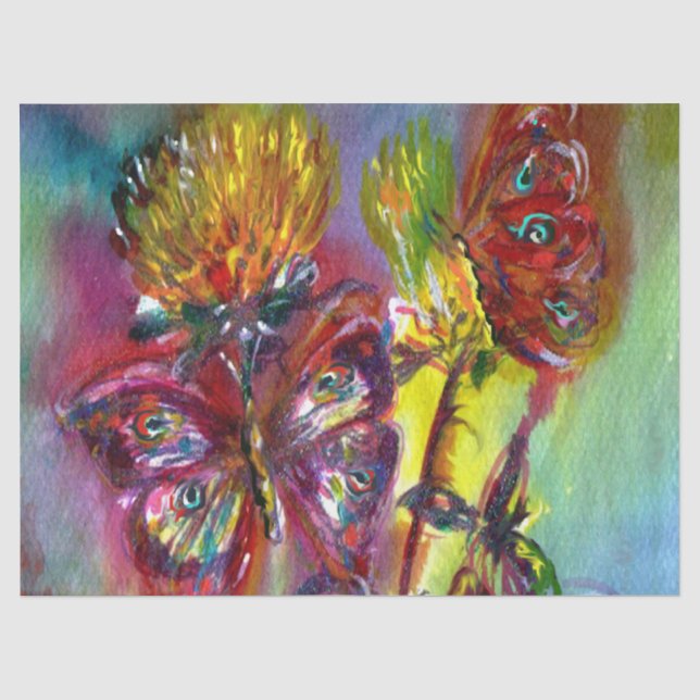 PAPIER MOUSSELINE BOUTEILLES ROUGES SUR THISTLES JAUNES, CIEL BLEU F (Recto)