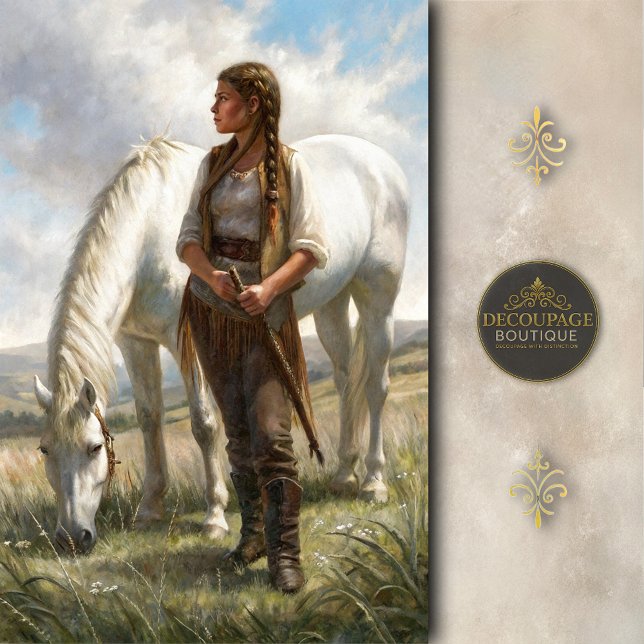 Papier Mousseline Braided Girl With White Horse Meadow Decoupage (Braided Girl With White Horse Meadow Decoupage Tissue Paper)