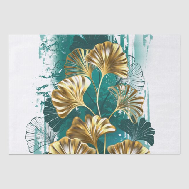 Papier Mousseline Branche avec Feuilles d'or Ginko Biloba (Recto)