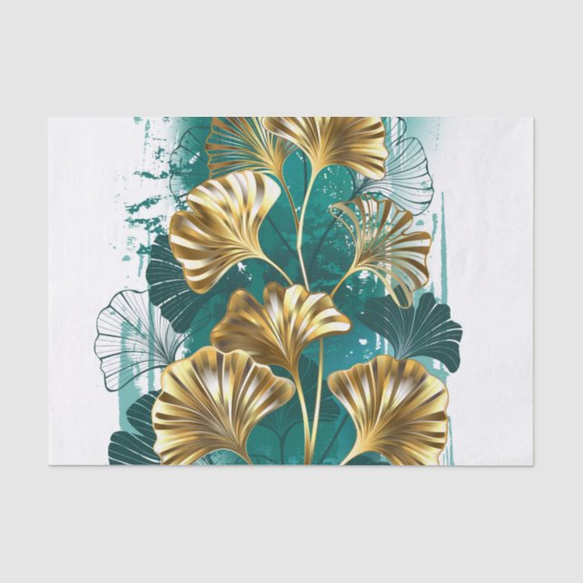 Papier Mousseline Branche avec Feuilles d'or Ginko Biloba (Recto)