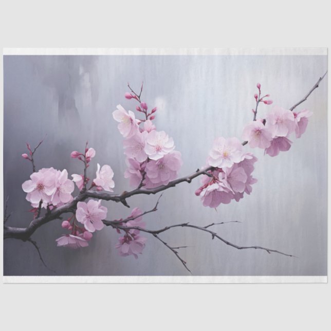 Papier Mousseline Branche de fleurs de cerisier rose Misty Silver Sk (Recto)