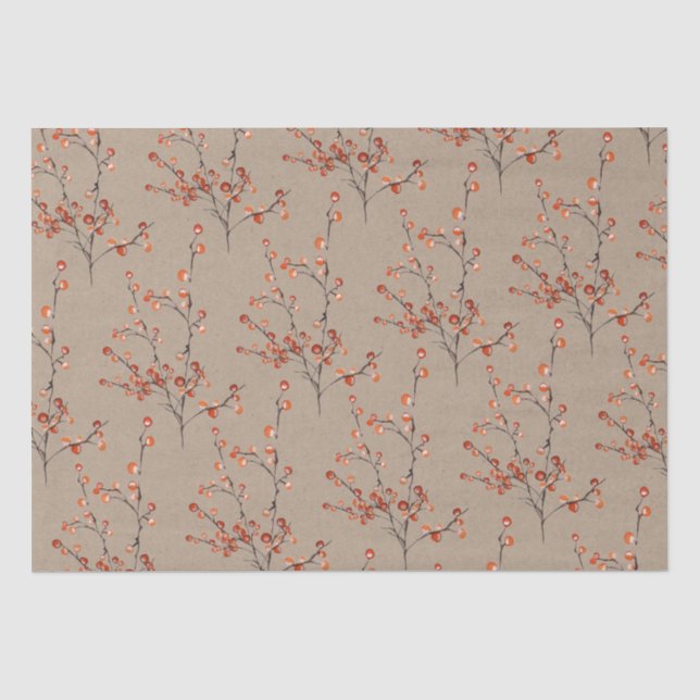 Papier Mousseline Branches de Berry Rustique Kraft Red Ilex (Recto)