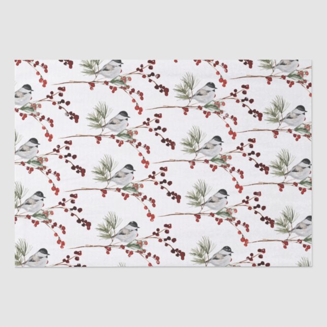 Papier Mousseline Branches de pins Casquettes noirs et baies rouges (Recto)