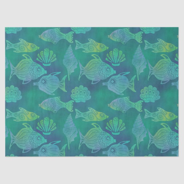 Papier Mousseline Bright Green Fish and Shell Decoupage  (Recto)