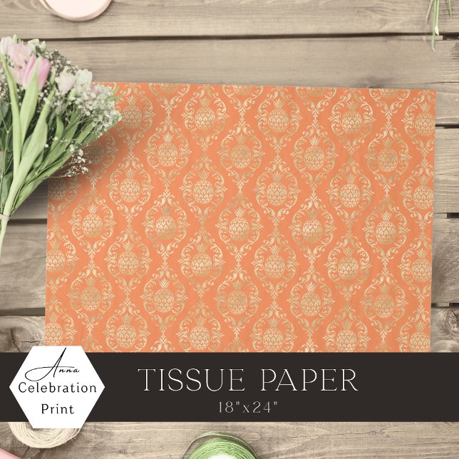 Papier Mousseline Bright Orange Gold Pineapple Damask  (Créateur téléchargé)