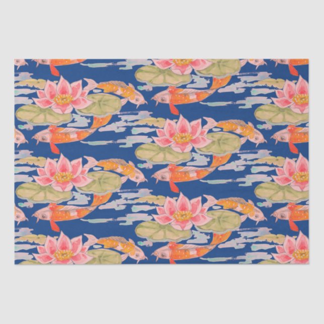 Papier Mousseline Bright Orange Koi Poisson rose Fleur rose Bleu fon (Recto)