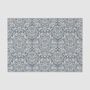 Papier Mousseline Brocade baroque bleu Damas sur Découpage blanc