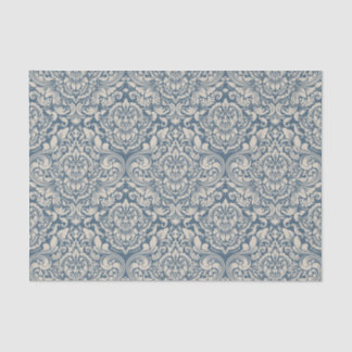 Papier Mousseline Brocade baroque bleu Damas sur Découpage blanc