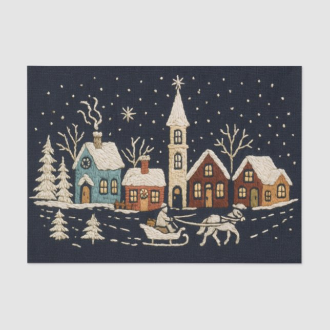 Papier Mousseline Broderie Noël Snowy Village Scène Bleu (Recto)