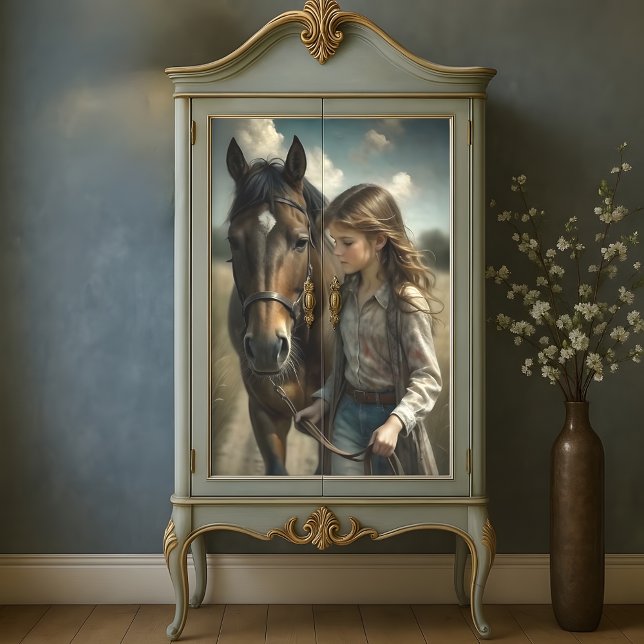 Papier Mousseline Brunette Girl Cheval Brown Rustique Pays Découpage (Brunette Girl Brown Horse Rustic Country Decoupage Tissue Paper)