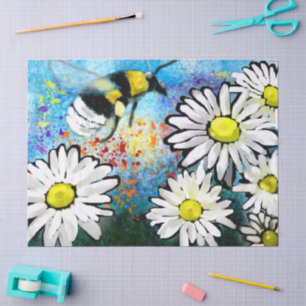Papier Mousseline Bumble Whimsical Bee Daisies Floral Bleu Blanc