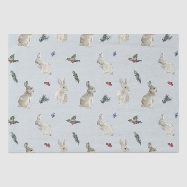 Papier Mousseline Bunnies, Holly et Berries Blue (Recto)