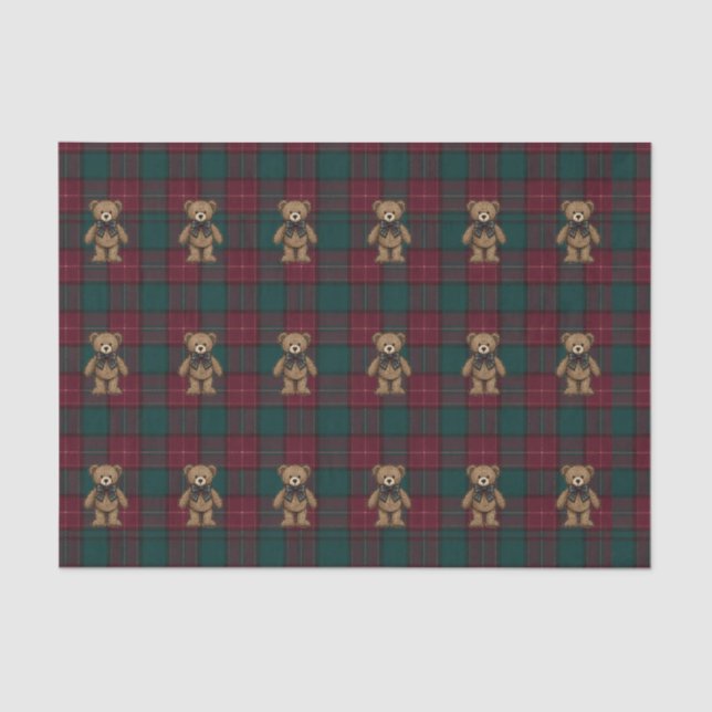 Papier Mousseline Burgundy and Green Teddy Tartan Tissue Paper (Recto)