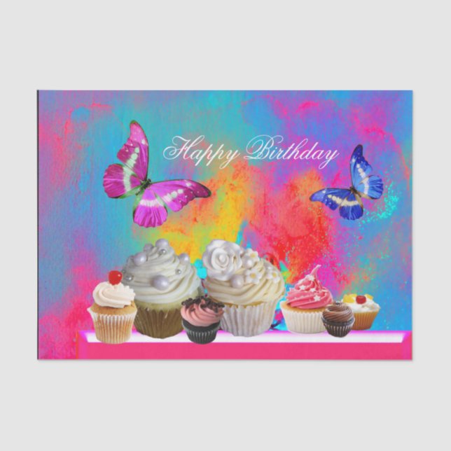 PAPIER MOUSSELINE BUTTERFLIES YUMMY CUPCAKES, ANNIVERSAIRE COLORÉ (Recto)