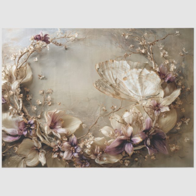 Papier Mousseline Butterfly & Floral, Botanical Oval Arrangement (Recto)