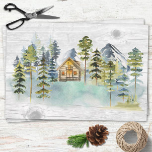 Papier Mousseline Cabine de montagne rustique forestière brumeuse à
