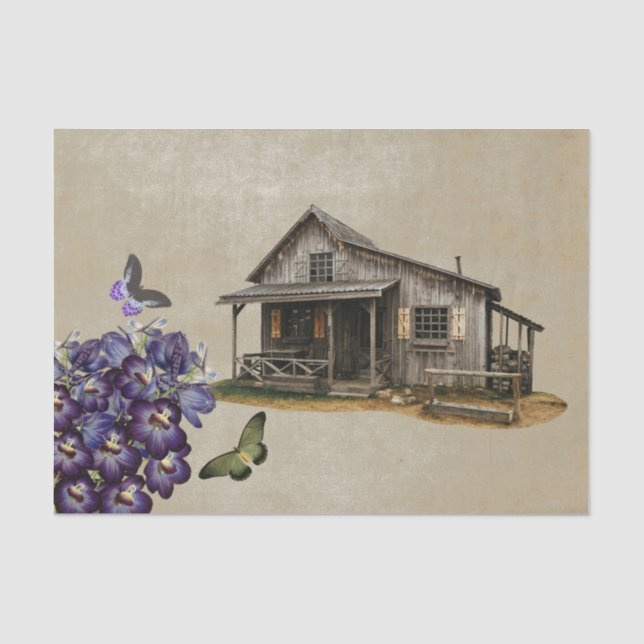 Papier Mousseline Cabine rustique Papillons floraux violets Découpag (Recto)