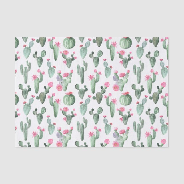 Papier Mousseline Cactus aquarelle vert et rose (Recto)