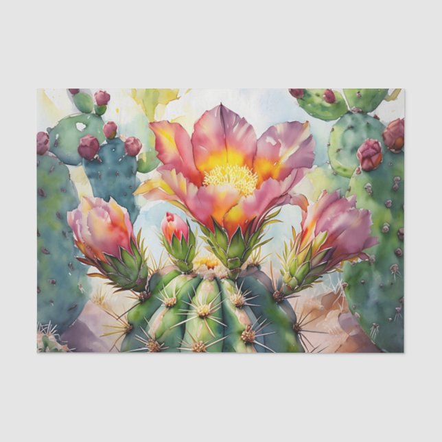 Papier Mousseline Cactus d'aquarelle avec Fleurs du désert vibrantes (Recto)