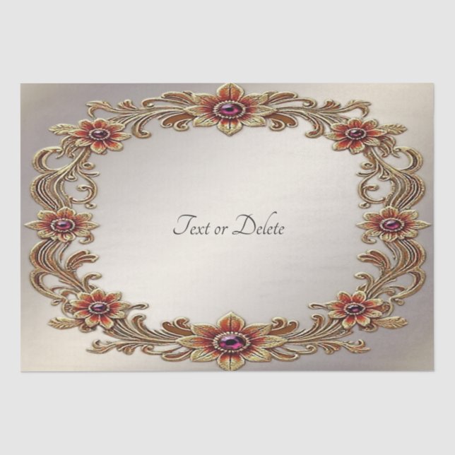 Papier Mousseline Cadre Floral Or avec Pierre Rouge Papier Tissu (Recto)