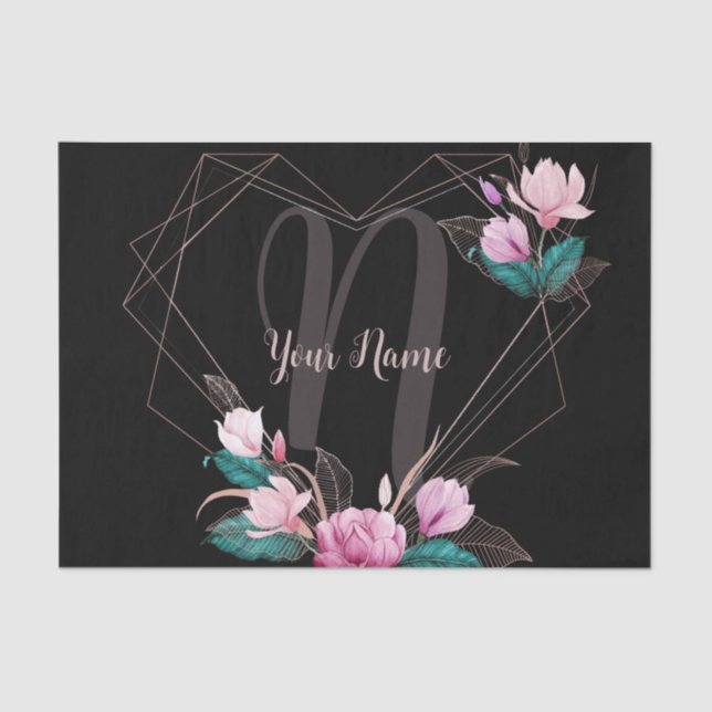 Papier Mousseline Cadre géométrique floral rose nom monogramme noir (Recto)