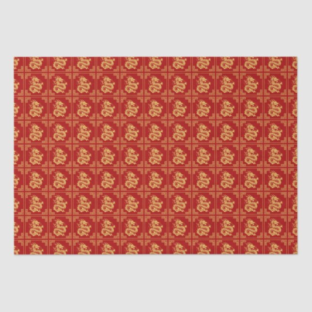 Papier Mousseline Cadres d'ornement grec Motif de dragon d'or rouge (Recto)