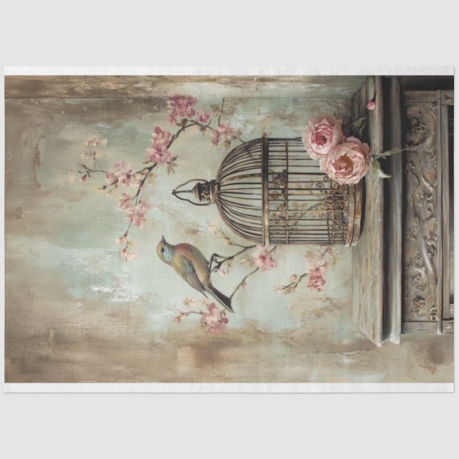 Papier Mousseline Cage d'oiseaux Vintage et floral (Recto)