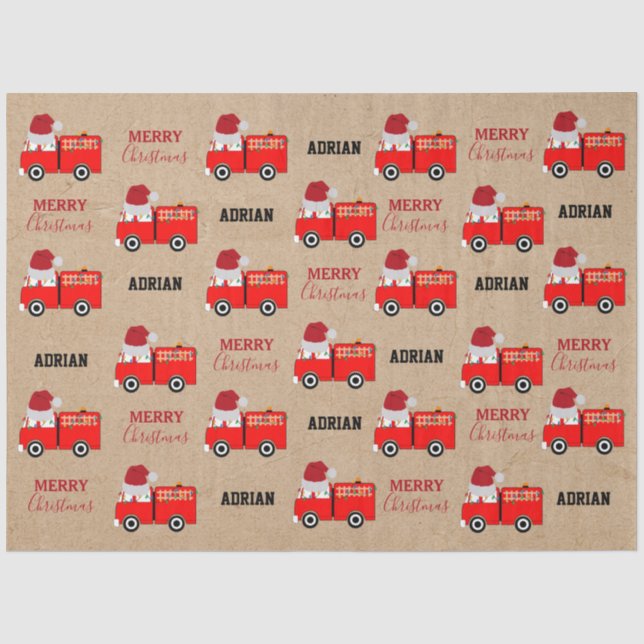Papier Mousseline Camion de feu rouge de Noël Nom personnalisé Kraft (Recto)