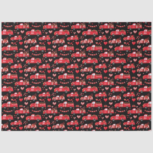 Papier Mousseline Camions Valentine sur Noir (Recto)