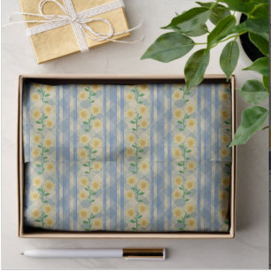 Papier Mousseline Campagne Cottage Bleu Blanc Jaune Marguerites