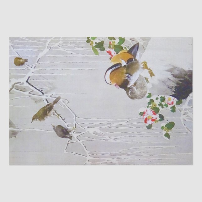 Papier Mousseline Canard Mandarin en scène de neige, Watanabe Seitei (Recto)