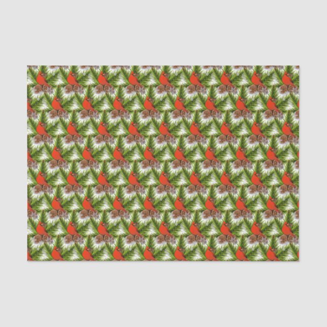 Papier Mousseline Cardinal Songbird avec flocons de neige et Pinecon (Recto)