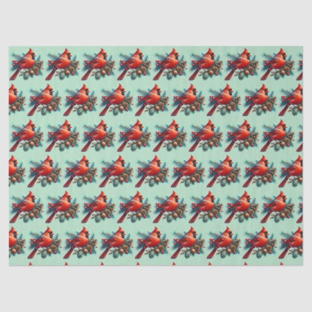 Papier Mousseline Cardinal sur la branche des pins avec les baies d' (Recto)