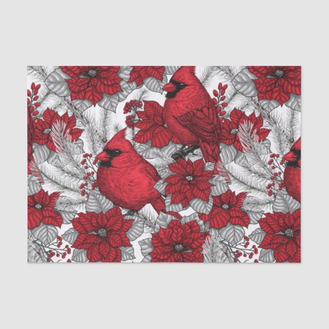 Papier Mousseline Cardinaux et poinsettia en rouge et blanc (Recto)