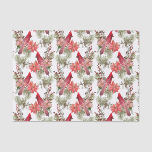 Papier Mousseline Cardinaux rouges, baies et fleurs de Poinsettia (Recto)