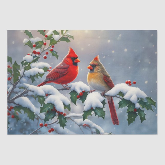Papier Mousseline Cardinaux rouges et Holly en neige (Recto)