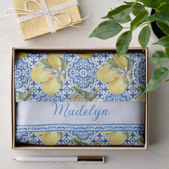 Papier Mousseline Carreau bleu blanc Motif Méditerranéen Citron Nom (Cadeau)